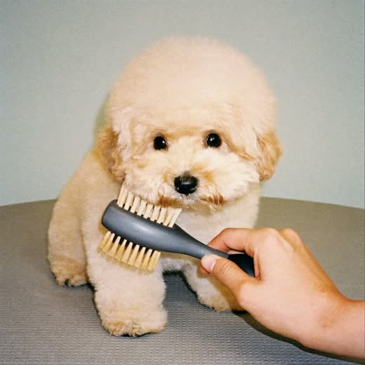 A young puppy being gently brushed on a grooming table